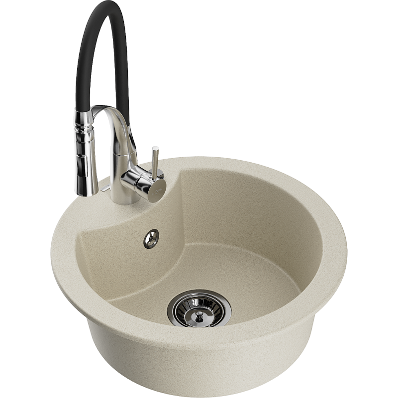 Mexen Diego 1-bowl granite sink with Aster kitchen tap, beige - 6512-69-73450-07-B