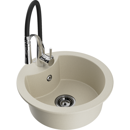 Mexen Diego granite sink 1-bowl with Aster kitchen faucet, beige - 6512-69-73450-07-B