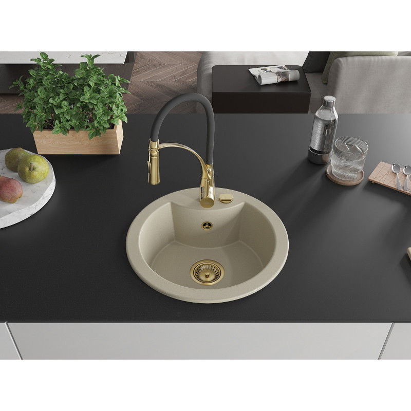 Mexen Diego single-bowl granite sink with Aster kitchen faucet, beige - 6512-69-73450-57-G