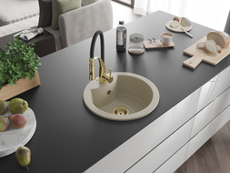 Mexen Diego 1-Bowl Granite Kitchen Sink with Aster Kitchen Tap, Beige - 6512-69-73450-57-G