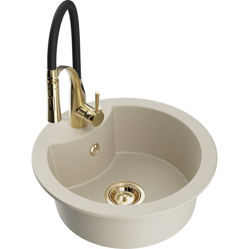 Mexen Diego single-bowl granite sink with Aster kitchen faucet, beige - 6512-69-73450-57-G