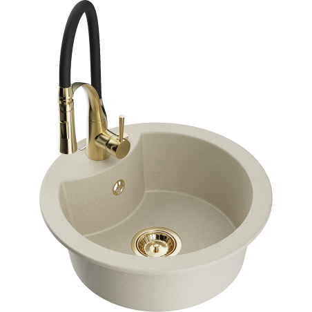 Mexen Diego 1-Bowl Granite Kitchen Sink with Aster Kitchen Tap, Beige - 6512-69-73450-57-G