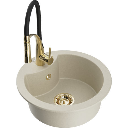 Mexen Diego single-bowl granite sink with Aster kitchen faucet, beige - 6512-69-73450-57-G