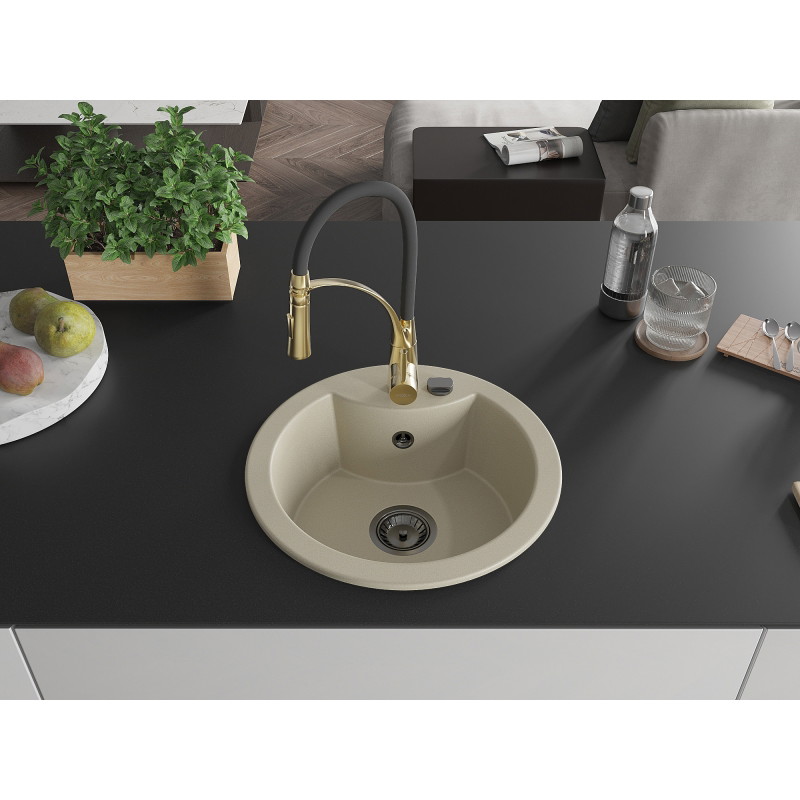 Mexen Diego granite kitchen sink 1-bowl with Aster kitchen faucet, beige - 6512-69-73450-57-B