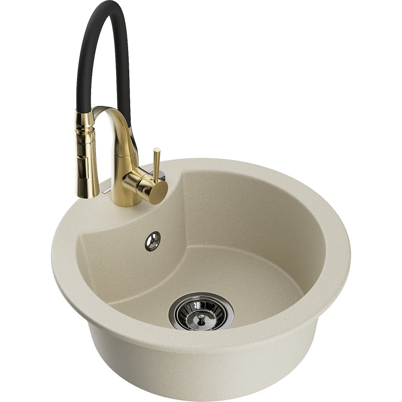 Mexen Diego 1-bowl granite kitchen sink with Aster faucet, beige - 6512-69-73450-57-B