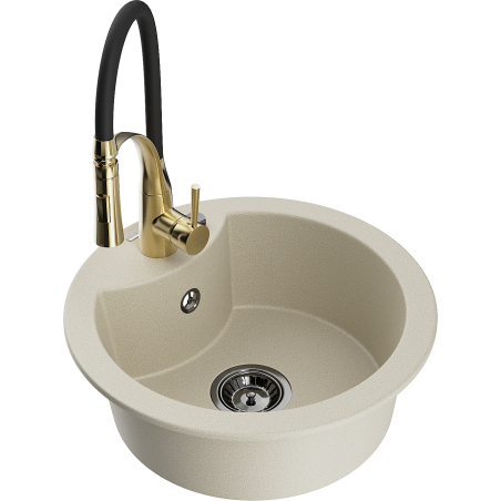 Mexen Diego granite kitchen sink 1-bowl with Aster kitchen faucet, beige - 6512-69-73450-57-B