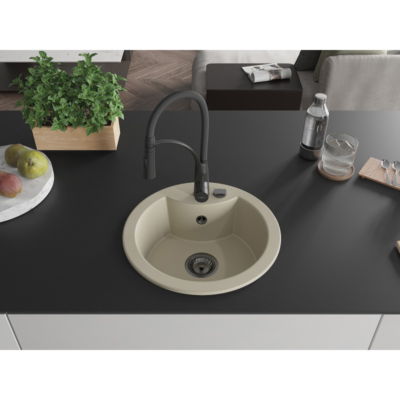 Mexen Diego 1-bowl granite sink with Aster kitchen faucet, beige - 6512-69-73450-70-B