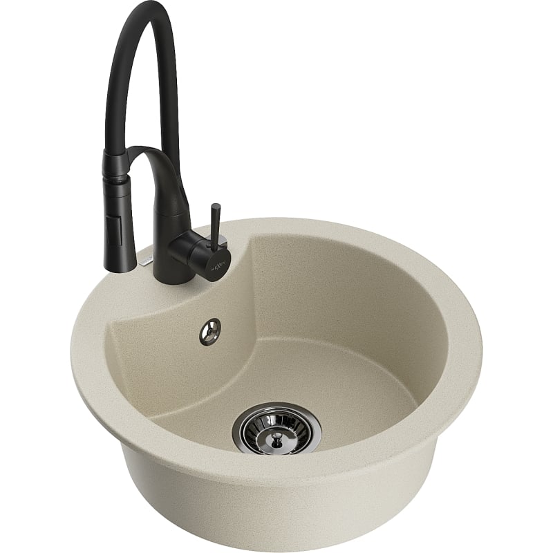 Mexen Diego 1-bowl granite sink with Aster kitchen faucet, beige - 6512-69-73450-70-B