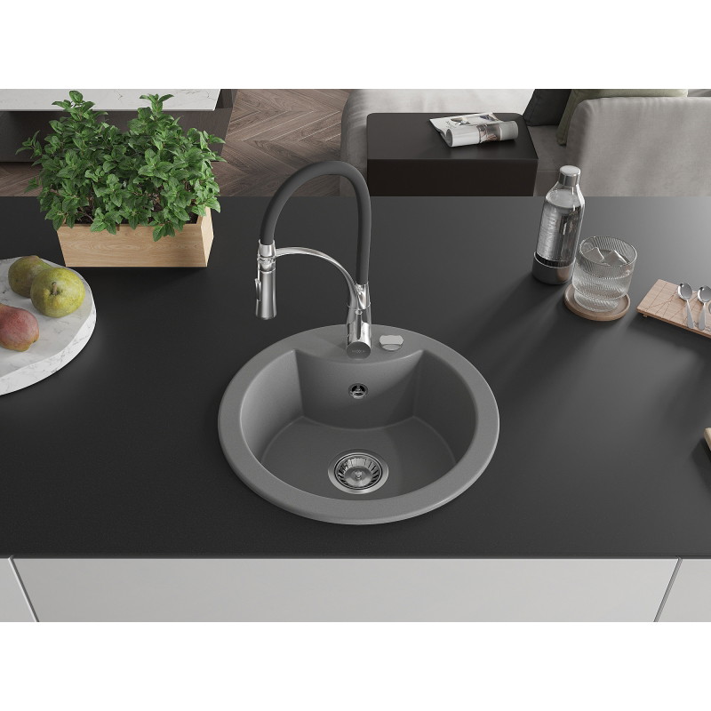 Mexen Diego 1-bowl granite sink with Aster kitchen faucet, gray - 6512-71-73450-07