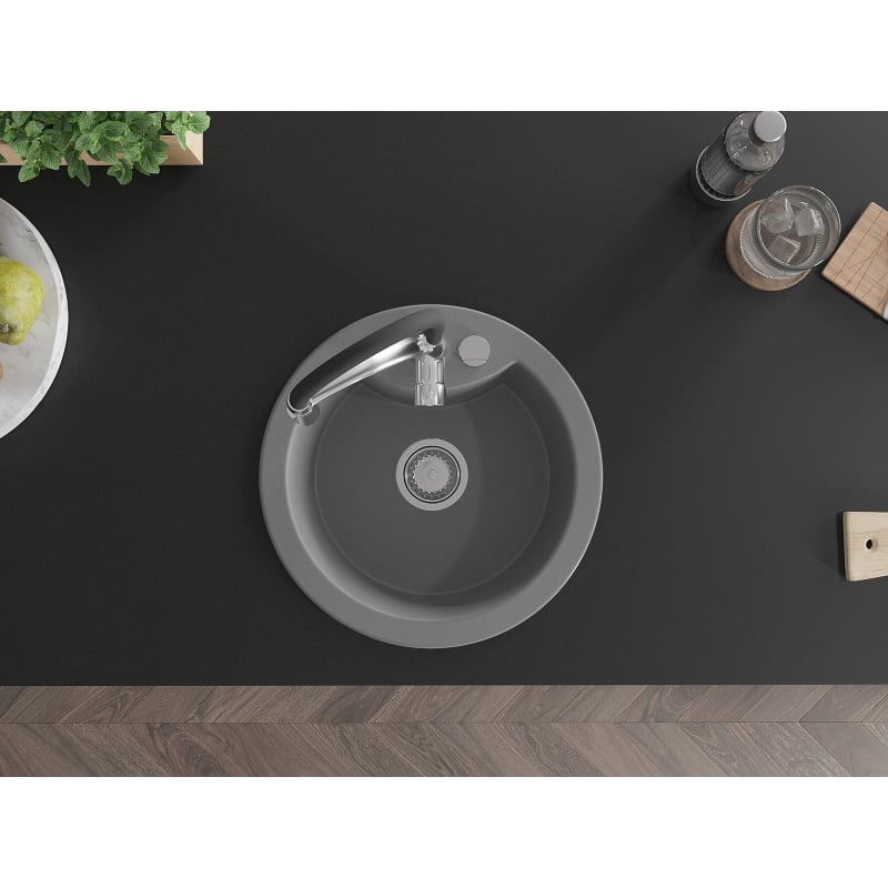 Mexen Diego 1-bowl granite sink with Aster kitchen faucet, gray - 6512-71-73450-07