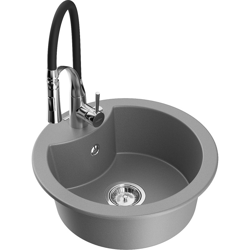 Mexen Diego 1-bowl granite sink with Aster kitchen faucet, gray - 6512-71-73450-07