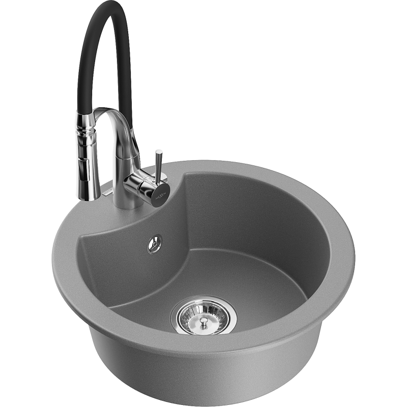 Mexen Diego 1-bowl granite sink with Aster kitchen tap, grey - 6512-71-73450-07