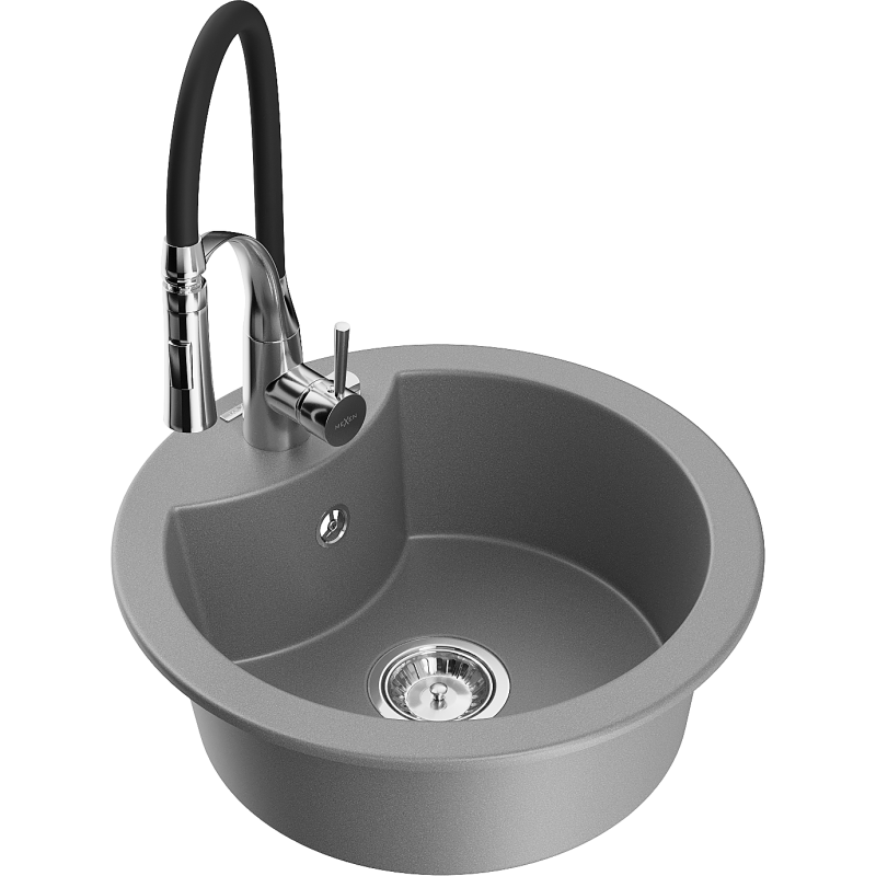Mexen Diego 1-compartment granite sink with a kitchen mixer tap Aster, Grey - 6512-71-73450-07