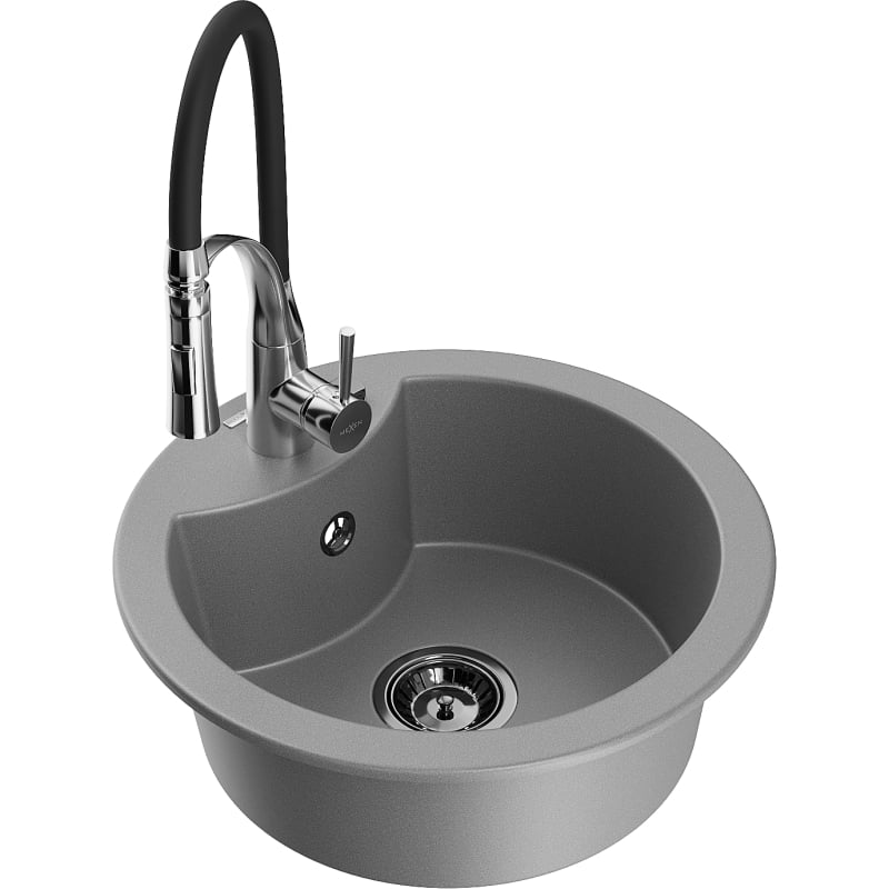 Mexen Diego 1-bowl granite sink with Aster kitchen faucet, gray - 6512-71-73450-07-B