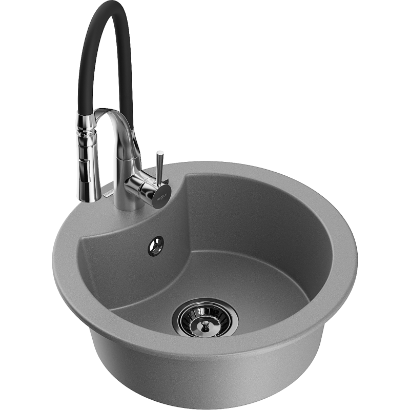 Mexen Diego 1-bowl granite sink with Aster kitchen tap, grey - 6512-71-73450-07-B
