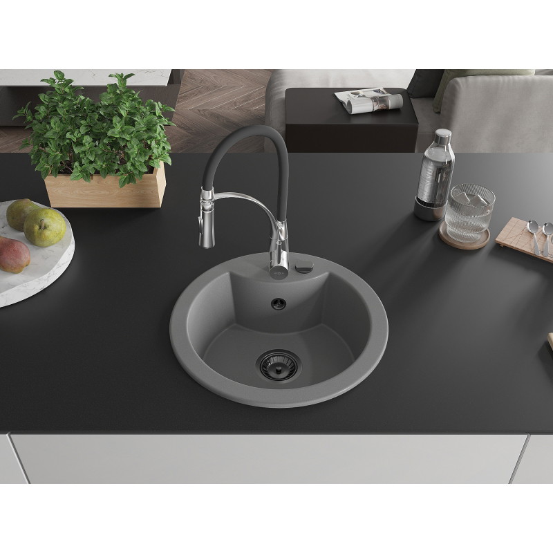 Mexen Diego 1-bowl granite sink with Aster kitchen faucet, gray - 6512-71-73450-07-B