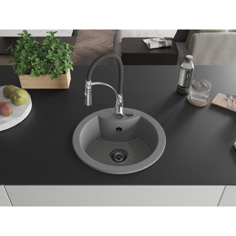 Mexen Diego 1-bowl granite sink with Aster kitchen tap, grey - 6512-71-73450-07-B