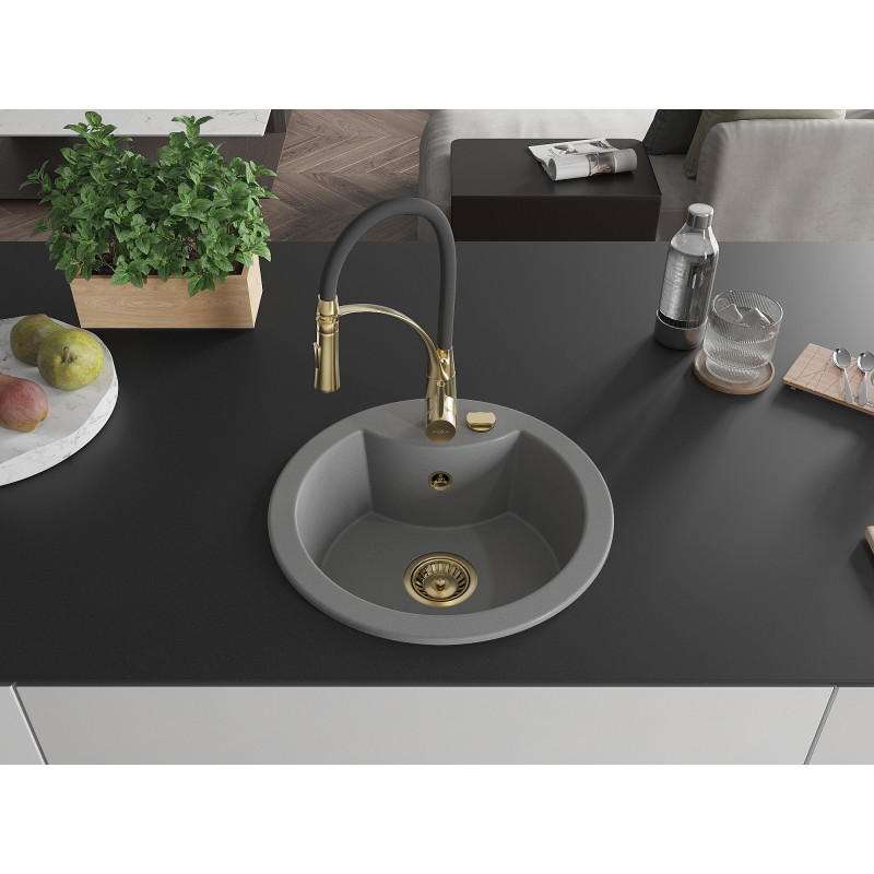Mexen Diego 1-bowl granite sink with Aster kitchen faucet, gray - 6512-71-73450-57-G