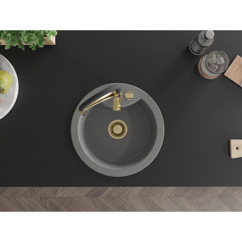 Mexen Diego 1-bowl granite sink with Aster kitchen tap, grey - 6512-71-73450-57-G