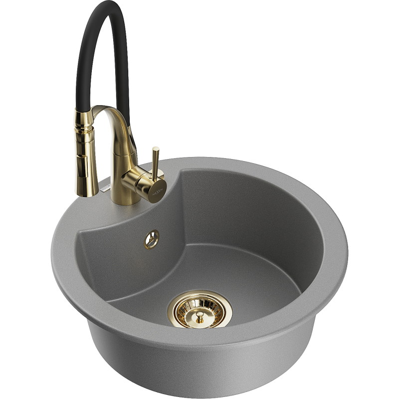 Mexen Diego 1-bowl granite sink with Aster kitchen faucet, gray - 6512-71-73450-57-G