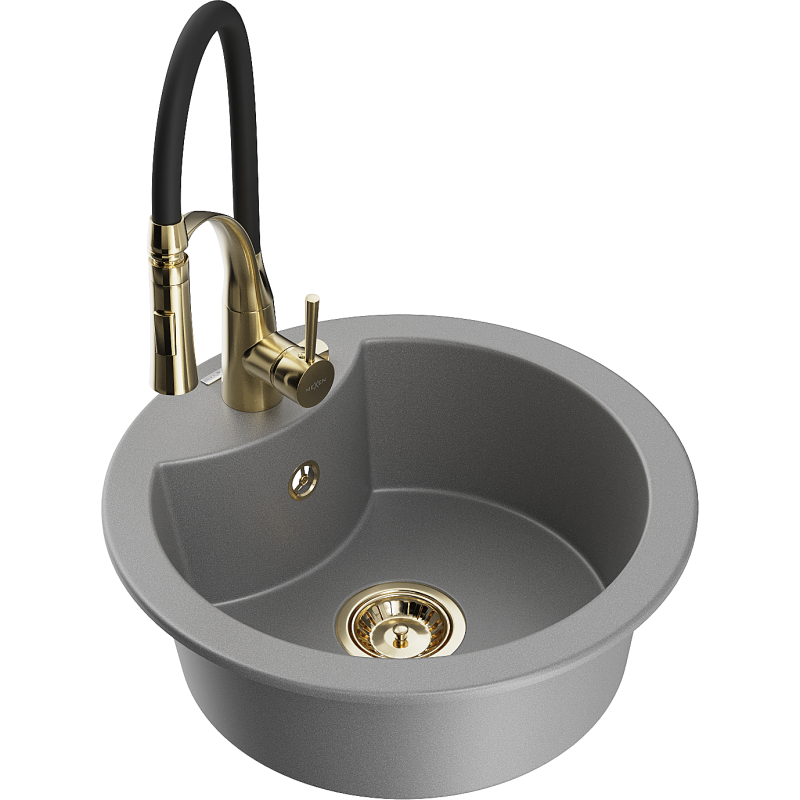 Mexen Diego 1-bowl granite sink with Aster kitchen tap, grey - 6512-71-73450-57-G