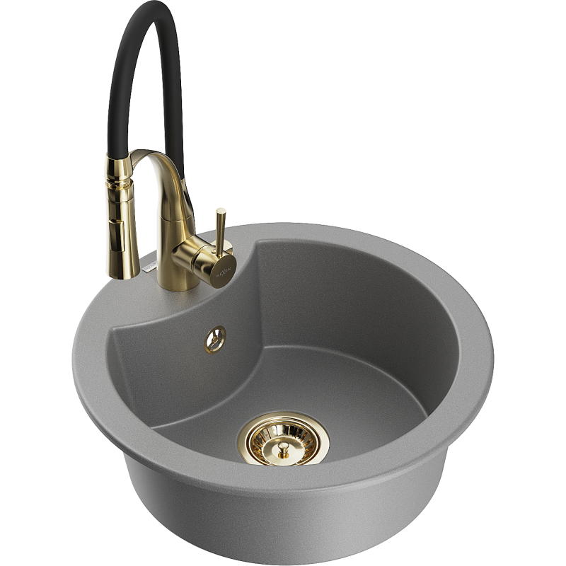 Mexen Diego 1-compartment granite sink with a kitchen mixer tap Aster, Grey - 6512-71-73450-57-G