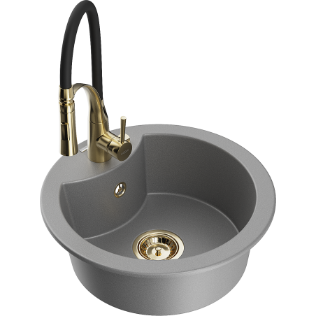 Mexen Diego 1-bowl granite sink with Aster kitchen tap, grey - 6512-71-73450-57-G