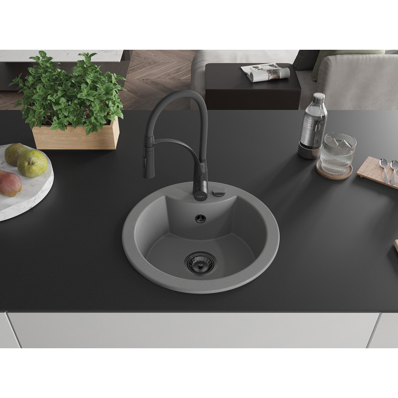 Mexen Diego granite single-bowl kitchen sink with Aster faucet, gray - 6512-71-73450-70-B