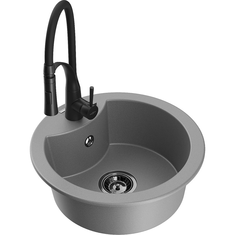 Mexen Diego granite single-bowl kitchen sink with Aster faucet, gray - 6512-71-73450-70-B