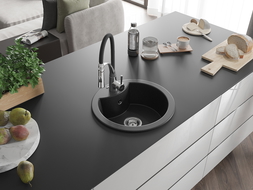 Mexen Diego 1-compartment granite sink with a kitchen mixer tap Aster, Black/Silver metallic - 6512-73-73450-07