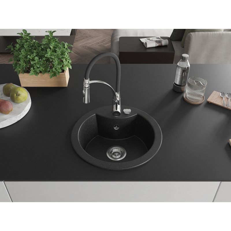 Mexen Diego 1-bowl granite sink with Aster kitchen faucet, black/silver metallic - 6512-73-73450-07