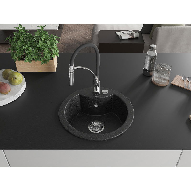 Mexen Diego granite sink single-bowl with Aster kitchen tap, black/silver metallic - 6512-73-73450-07
