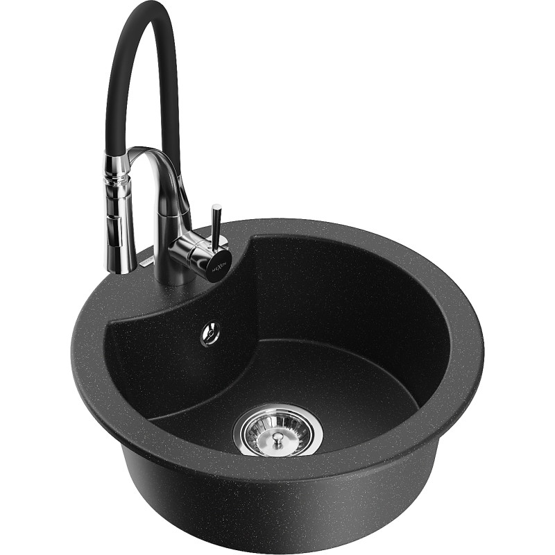 Mexen Diego 1-bowl granite sink with Aster kitchen faucet, black/silver metallic - 6512-73-73450-07