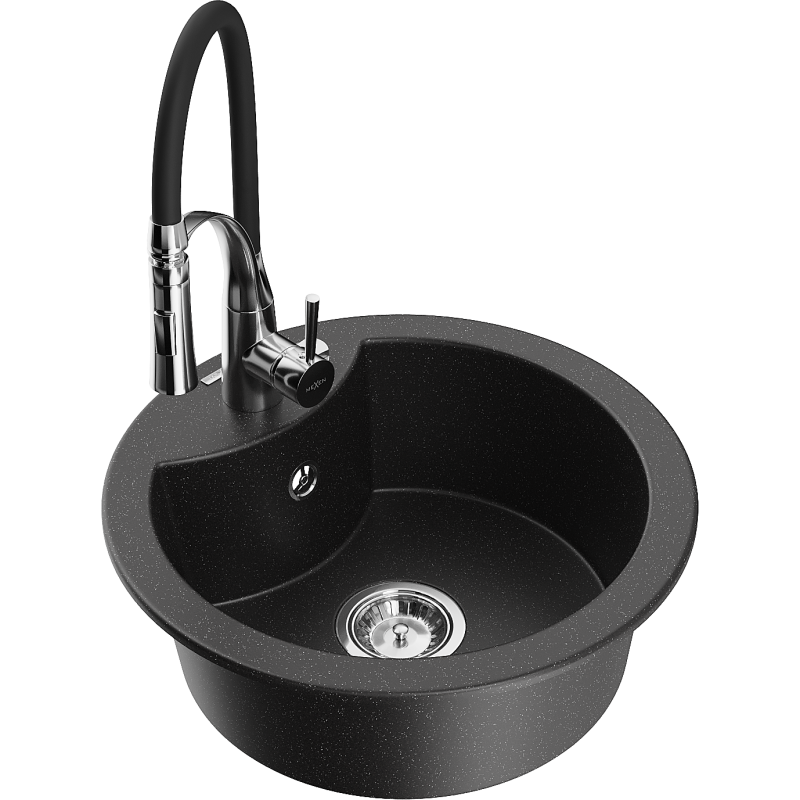 Mexen Diego 1-compartment granite sink with a kitchen mixer tap Aster, Black/Silver metallic - 6512-73-73450-07