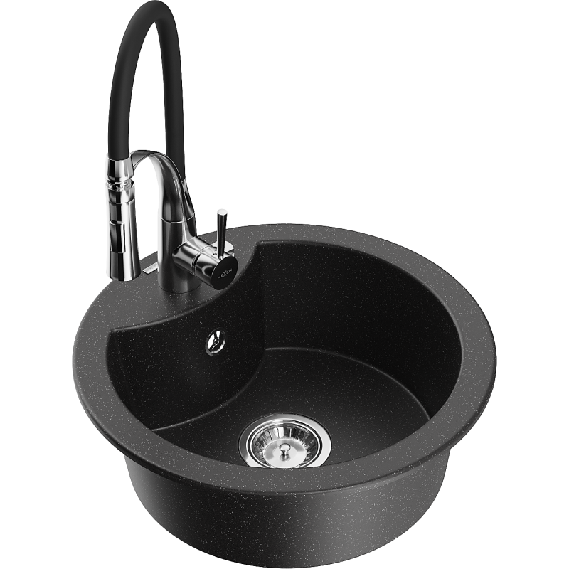 Mexen Diego granite sink single-bowl with Aster kitchen tap, black/silver metallic - 6512-73-73450-07