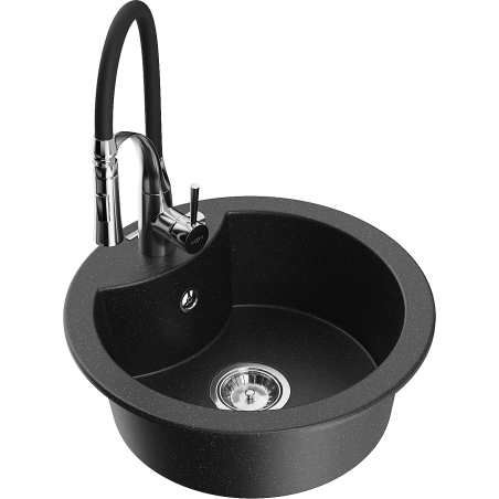 Mexen Diego granite sink 1-bowl with Aster kitchen faucet, black/silver metallic - 6512-73-73450-07