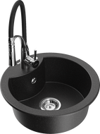 Mexen Diego granite sink single-bowl with Aster kitchen tap, black/silver metallic - 6512-73-73450-07