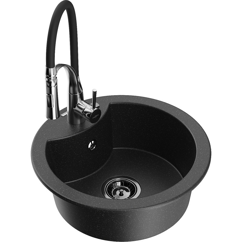 Mexen Diego 1-bowl granite sink with Aster kitchen faucet, black/silver metallic - 6512-73-73450-07-B