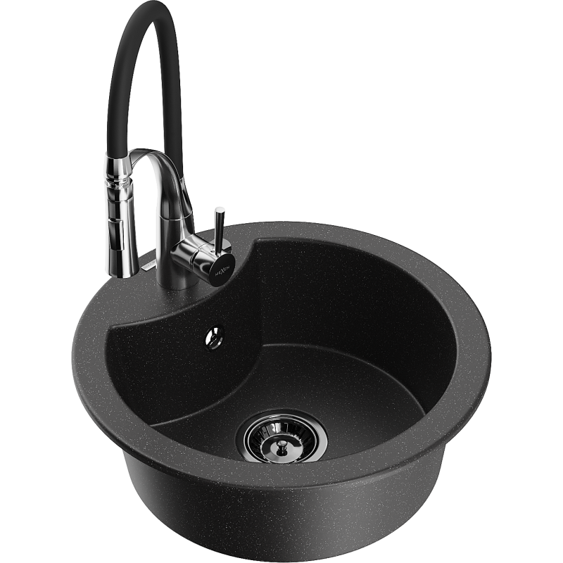 Mexen Diego 1-compartment granite sink with a kitchen mixer tap Aster, Black/Silver metallic - 6512-73-73450-07-B
