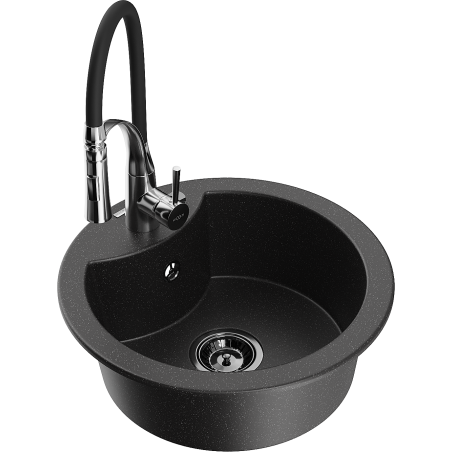 Mexen Diego single-bowl granite sink with Aster kitchen faucet, black/silver metallic - 6512-73-73450-07-B
