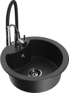 Mexen Diego single-bowl granite sink with Aster kitchen faucet, black/silver metallic - 6512-73-73450-07-B
