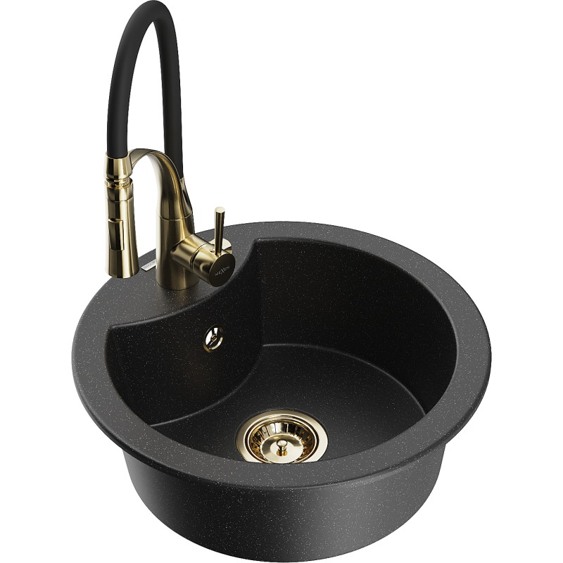 Mexen Diego 1-bowl granite kitchen sink with Aster faucet, black/silver metallic - 6512-73-73450-57-G