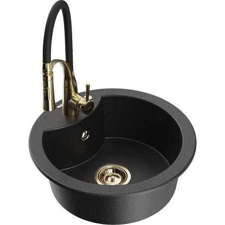 Mexen Diego 1-bowl granite kitchen sink with Aster faucet, black/silver metallic - 6512-73-73450-57-G