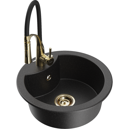 Mexen Diego granite kitchen sink 1-bowl with Aster kitchen faucet, black/silver metallic - 6512-73-73450-57-G