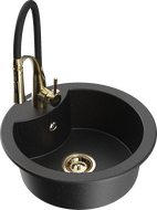 Mexen Diego granite kitchen sink 1-bowl with Aster kitchen faucet, black/silver metallic - 6512-73-73450-57-G