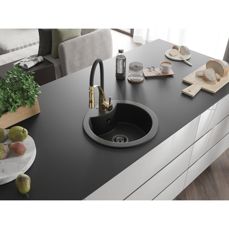 Mexen Diego granite kitchen sink single-bowl with kitchen faucet Aster, black/silver metallic - 6512-73-73450-57-B
