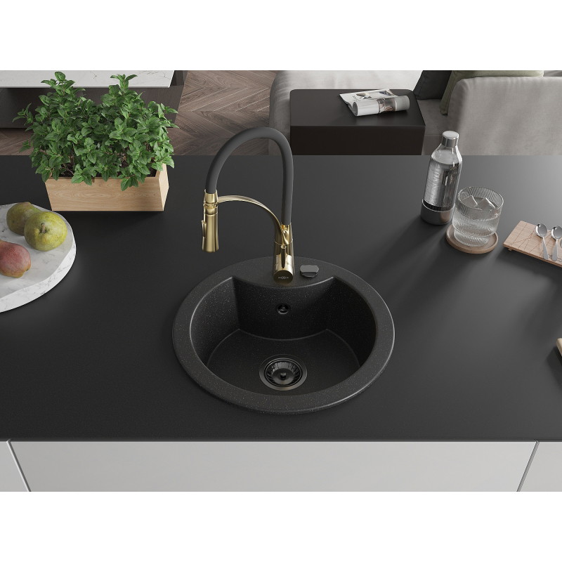 Mexen Diego granite kitchen sink with 1 bowl and Aster faucet, black/silver metallic - 6512-73-73450-57-B
