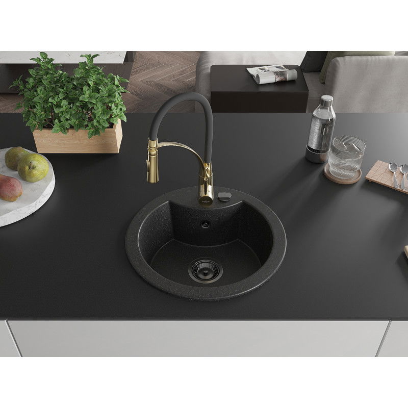 Mexen Diego Granite Sink 1-Bowl with Aster Kitchen Tap, Black/Silver Metallic - 6512-73-73450-57-B