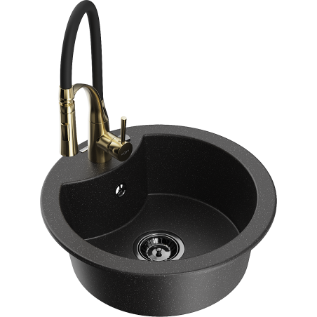 Mexen Diego granite kitchen sink single-bowl with kitchen faucet Aster, black/silver metallic - 6512-73-73450-57-B