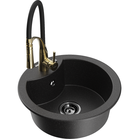 Mexen Diego Granite Sink 1-Bowl with Aster Kitchen Tap, Black/Silver Metallic - 6512-73-73450-57-B